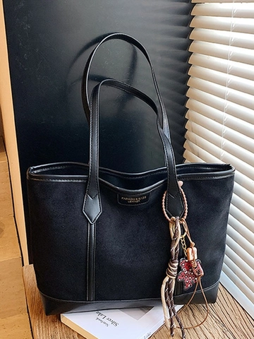 Vintage Ματ PU Δερμάτινη Τσάντα Tote Patchwork για Γυναίκες Μεγάλης Χωρητικότητας Τσάντα Ώμου Με Μενταγιόν Αρκουδάκι με Φούντα