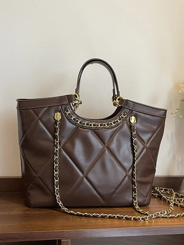 Bolso Tote Acolchado de Cuero PU para Mujer Moda Gran Capacidad Bolso de Hombro Bandolera Con Correa de Cadena Dorada