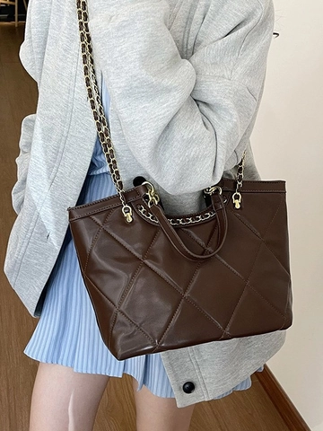 Bolso Tote Acolchado de Cuero PU para Mujer Moda Gran Capacidad Bolso de Hombro Bandolera Con Correa de Cadena Dorada
