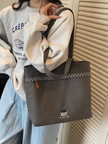 Bolso Tote de Lona Casual para Mujer Gran Capacidad Bolso de Hombro Con Bordado de Dibujos Animados Bolso de Mano