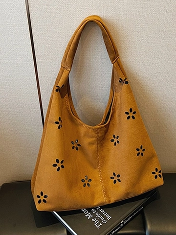 Women Vintage Suede Large Capacity Shoulder Bag Laser Cut Floral Hollow Hobo Tote Dumpling Bag Casual Commuter Handbag