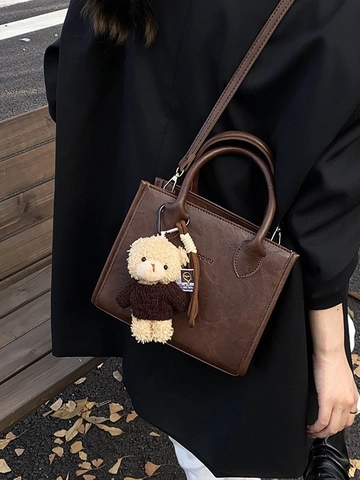 Vintage PU Leather Small Square Crossbody Bag For Women Fashion Casual Handbag With Bear Pendant Commuting Shoulder Bag