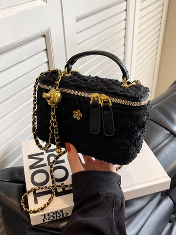 Chanel Style Tweed Chain Crossbody Bag For Women Luxury Plaid Sequin Vanity Case Handbag With Camellia Flower Adjustable Strap