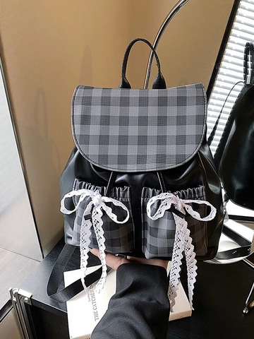 Mochila con Costuras de Cuadros para Mujer Color de Contraste Cuero PU Bolsa de Escuela Gran Capacidad Mochila con Lazo