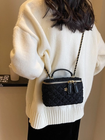 Chanel Style Tweed Chain Crossbody Bag For Women Luxury Plaid Sequin Vanity Case Handbag With Camellia Flower Adjustable Strap