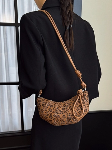 Fashion Leopard Print Denim Crescent Crossbody Bag For Women Vintage Hobo Shoulder Bag With Knot Strap Casual Versatile Bag