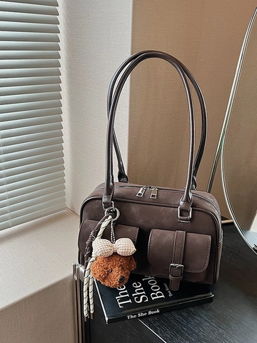 Women Vintage Boston Underarm Bag Frosted PU Leather Shoulder Bag With Plush Bear Pendant Retro Commuting Pillow Tote Bag