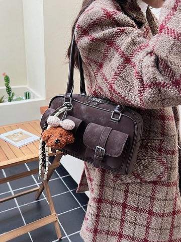 Women Vintage Boston Underarm Bag Frosted PU Leather Shoulder Bag With Plush Bear Pendant Retro Commuting Pillow Tote Bag