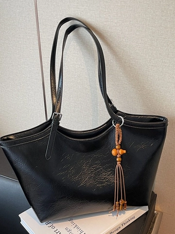 Retro Große Kapazität PU Leder Tote Bag Für Damen Minimalistisch Pendeln Umhängetasche Mit Holzperlen Quaste Handtasche