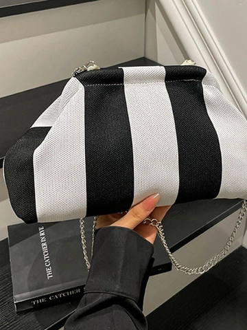 Striped Fabric Cloud Crossbody Bag For Women With Metal Chain Strap Minimalist Pleated Pouch Handbag Versatile Fashion Bag