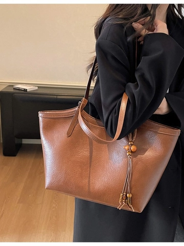 Retro Große Kapazität PU Leder Tote Bag Für Damen Minimalistisch Pendeln Umhängetasche Mit Holzperlen Quaste Handtasche