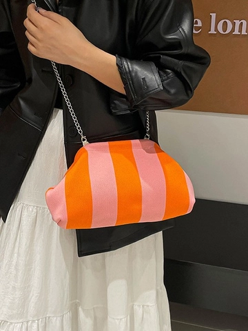 Striped Fabric Cloud Crossbody Bag For Women With Metal Chain Strap Minimalist Pleated Pouch Handbag Versatile Fashion Bag