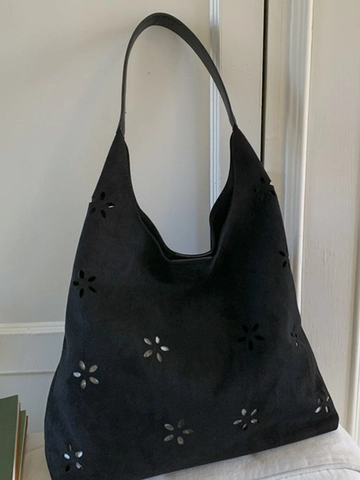 Bolso Tote de Antelina para Mujer Gran Capacidad Corte Láser Flores Caladas Bolso de Hombro Vintage Hobo Bolso de Mano
