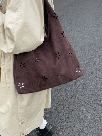 Bolso Tote de Antelina para Mujer Gran Capacidad Corte Láser Flores Caladas Bolso de Hombro Vintage Hobo Bolso de Mano