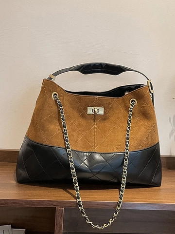 Retro Women Large Capacity Tote Bag Suede Spliced PU Leather Diamond Quilted Shoulder Bag With Chain Strap Turn Lock Commuting Handbag