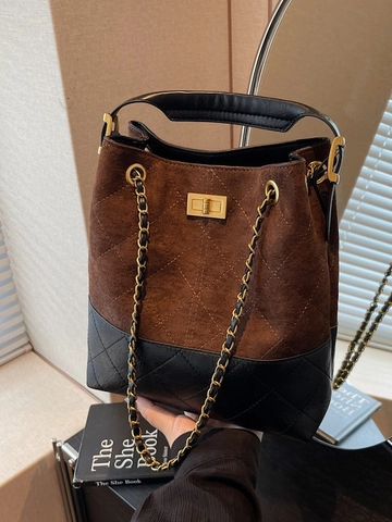 Bolso Cubo Acolchado de Cuero PU Retro para Mujer Bolso de Bandoulière de Color de Contraste de Moda Con Cadena Dorada