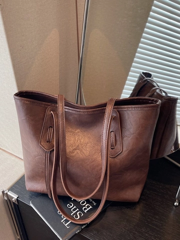 Retro Damen Tragetasche mit Großer Kapazität PU Leder Vintage Texturierte Umhängetasche Täglich Büro Mode Handtasche
