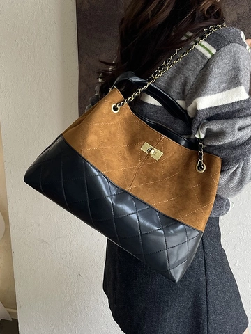 Retro Women Large Capacity Tote Bag Suede Spliced PU Leather Diamond Quilted Shoulder Bag With Chain Strap Turn Lock Commuting Handbag