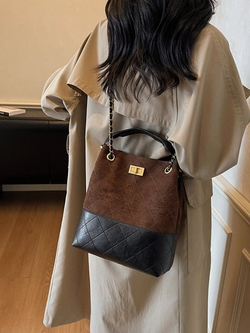 Bolso Cubo Acolchado de Cuero PU Retro para Mujer Bolso de Bandoulière de Color de Contraste de Moda Con Cadena Dorada
