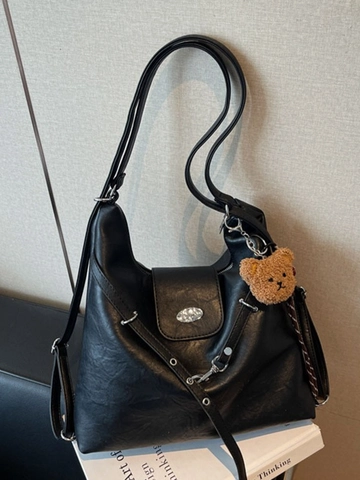 Vintage PU Leather Large Capacity Tote Bag For Women Retro Commute Shoulder Bag With Bear Pendant Multi-functional Backpack