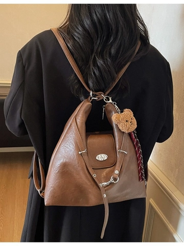 Vintage PU Leather Large Capacity Tote Bag For Women Retro Commute Shoulder Bag With Bear Pendant Multi-functional Backpack