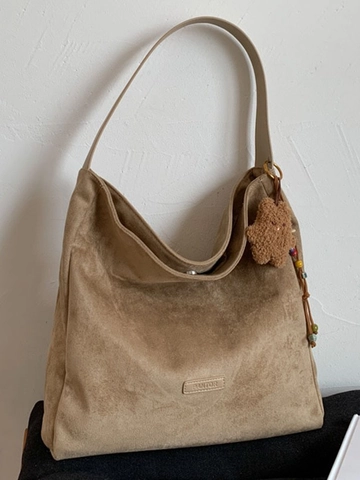 Women Large Capacity PU Leather Tote Bag Vintage Faux Suede Shoulder Hobo Bag Casual Commute Bag With Plush Bear Charm