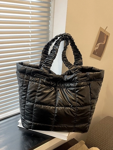 Sac Fourre-tout Matelassé Grande Capacité pour Femme Sac à Bandoulière Brillant Métallisé avec Poignée Froncée Mode Ville