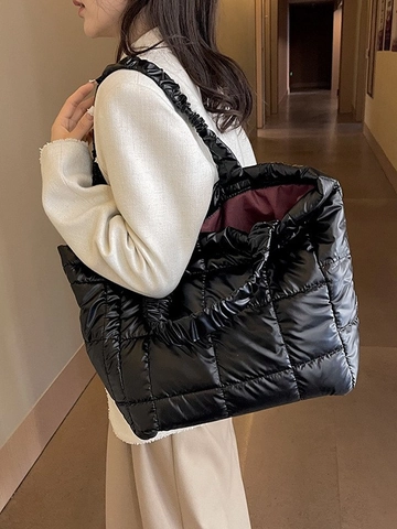 Sac Fourre-tout Matelassé Grande Capacité pour Femme Sac à Bandoulière Brillant Métallisé avec Poignée Froncée Mode Ville