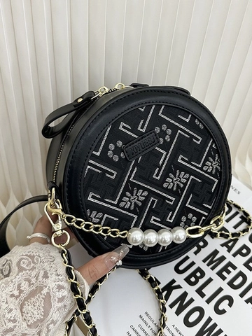 Nuovo Stile Cinese Donna Piccola Borsa Rotonda a Tracolla Ricamata Motivo Floreale Borsa in Pelle PU Con Catena di Perle Artificiali