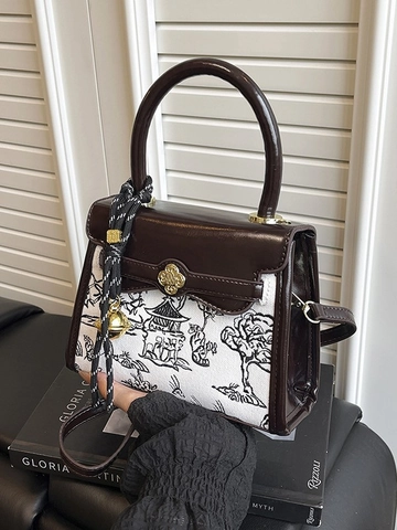 Retro Landscape Print PU Leather Small Square Bag Contrast Color Women Crossbody Bag Top Handle Shoulder Bag Fashion Handbag