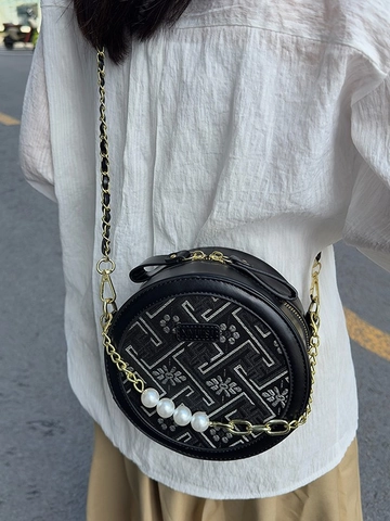 Nuovo Stile Cinese Donna Piccola Borsa Rotonda a Tracolla Ricamata Motivo Floreale Borsa in Pelle PU Con Catena di Perle Artificiali