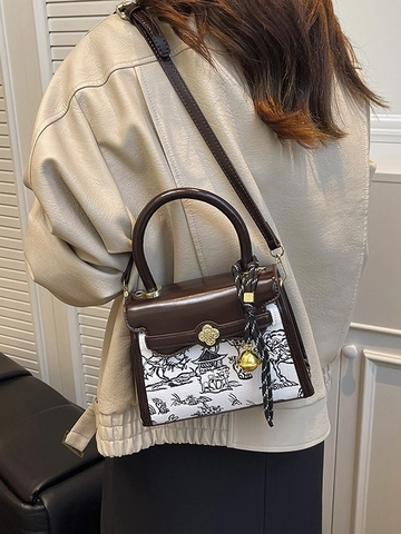 Retro Landscape Print PU Leather Small Square Bag Contrast Color Women Crossbody Bag Top Handle Shoulder Bag Fashion Handbag