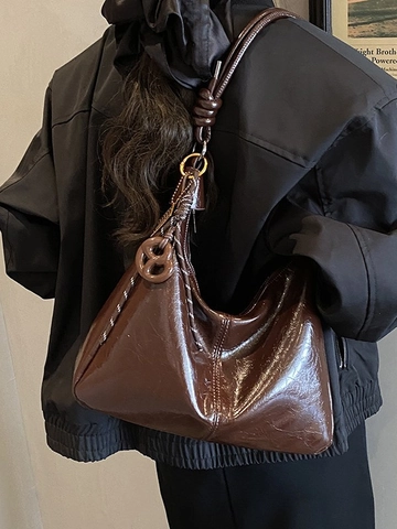 Women Retro Shiny PU Leather Hobo Shoulder Bag With Knot Strap Fashion Large Capacity Tote Underarm Crossbody Bag