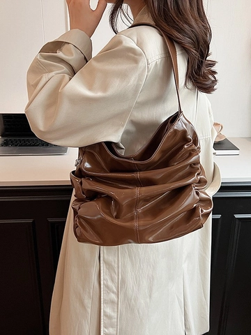 Sac Bandoulière Brillant Vintage Froncé Grande Capacité Hobo Sac à Épaule pour Femmes Élégant Trajet Doux Sac en Cuir PU