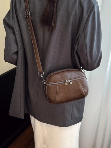 Bolso Bandolera Pequeño de Cuero PU Vintage para Mujer Bolso de Teléfono Retro Arrugado con Cremallera de Varias Capas