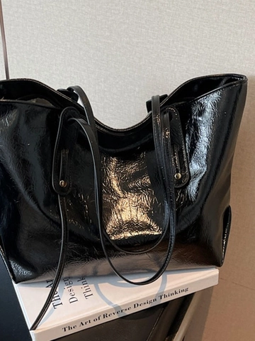 Bolso Tote de Cuero PU de Gran Capacidad para Mujer Textura Brillante Bolso de Hombro Retro Minimalista con Cremallera