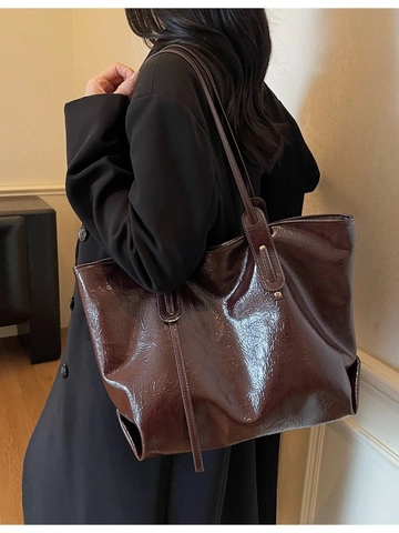 Bolso Tote de Cuero PU de Gran Capacidad para Mujer Textura Brillante Bolso de Hombro Retro Minimalista con Cremallera