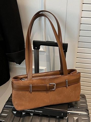 Sac à Bandoulière en Suède Vintage pour Femmes Grande Capacité Sac Sous le Bras Baguette Fourre-tout Décontracté Avec Ceinture Décorative à Boucle en Métal