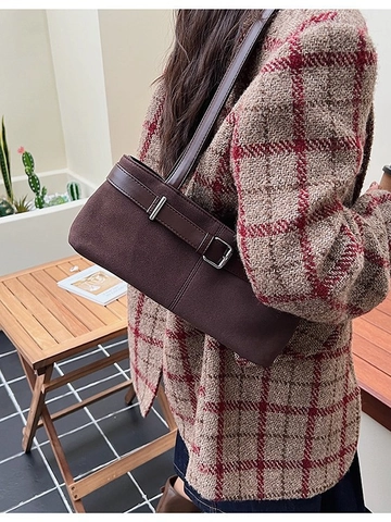 Sac à Bandoulière en Suède Vintage pour Femmes Grande Capacité Sac Sous le Bras Baguette Fourre-tout Décontracté Avec Ceinture Décorative à Boucle en Métal