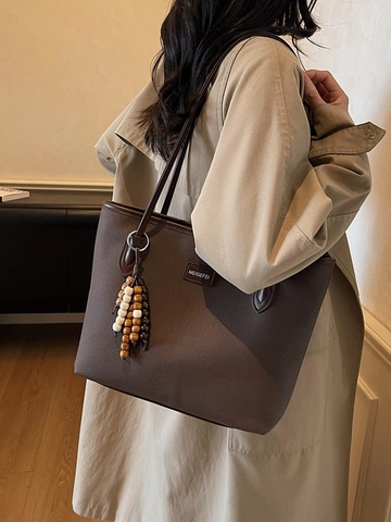 Grand Sac Cabas pour Femmes Vintage Minimaliste Sac à Épaule en Cuir PU Avec Charme en Perles de Bois pour Navette Shopping