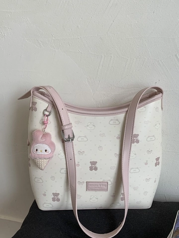 Secchiello da Donna con Stampa Cartoon Carina Borsa a Spalla in Pelle PU Grande Capacità Rosa Crema Bianco Colore a Contrasto per Ragazze