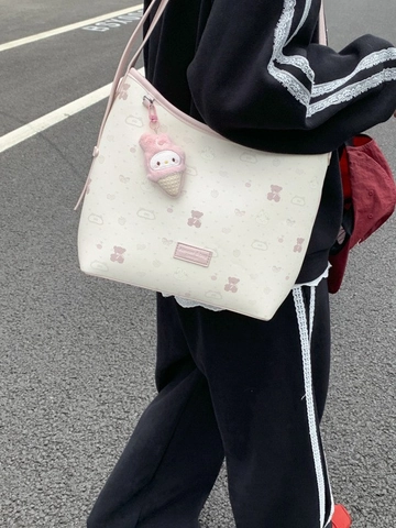 Secchiello da Donna con Stampa Cartoon Carina Borsa a Spalla in Pelle PU Grande Capacità Rosa Crema Bianco Colore a Contrasto per Ragazze
