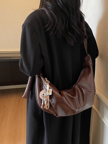 Grote Capaciteit PU Leer Hobo Tas Dames Plissé Knoop Schouderband Met Pluche Hanger Fashion Casual Crossbodytas