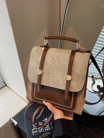 Sac à dos Rétro en Cuir PU pour Femmes Couleur Contraste Coutures Mode Poignée Supérieure Bretelles Réglables Sac d'école