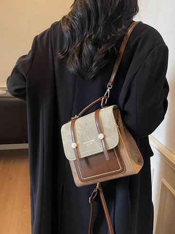 Sac à dos Rétro en Cuir PU pour Femmes Couleur Contraste Coutures Mode Poignée Supérieure Bretelles Réglables Sac d'école