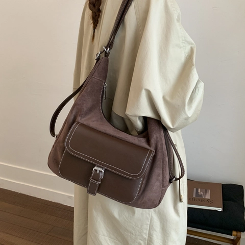 Borsa Tote Hobo da Donna in Pelle PU Retro Grande Capacità Cuciture a Contrasto Borsa a Tracolla Con Tasca Frontale Semplice