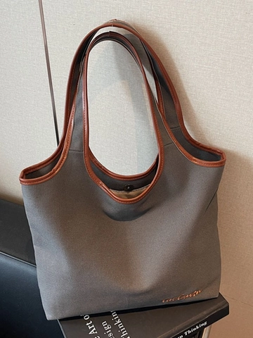Sac Fourre-tout en Toile Grande Capacité pour Femmes Sac à Bandoulière Décontracté Minimaliste avec Bordure Contrastée