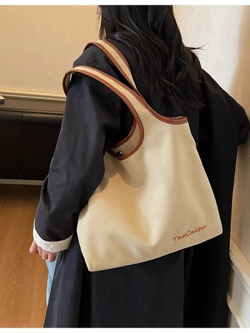 Sac Fourre-tout en Toile Grande Capacité pour Femmes Sac à Bandoulière Décontracté Minimaliste avec Bordure Contrastée