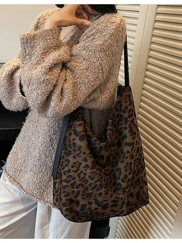 Vintage Leopardenmuster Große Kapazität Flanell Hobo Tasche Für Damen Casual Commuter Tote Bag Weiche Umhängetasche Mit Reißverschluss