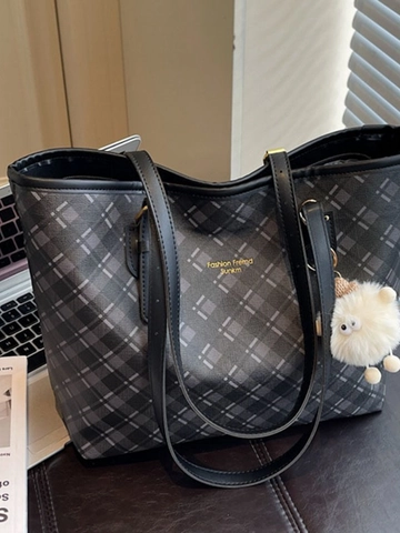 Women Large Capacity PU Leather Plaid Tote Bag Commuting Shoulder Bag With Plush Monster Pendant Fashion Casual Handbag